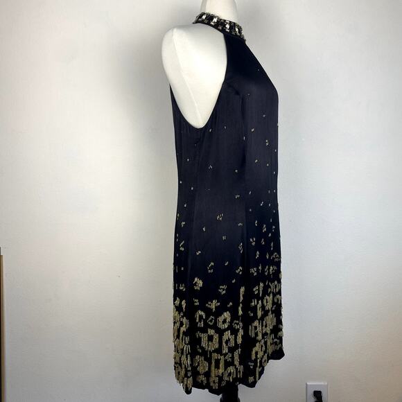 Anthropologie Beaded Halter Dress Black Flapper Gold Sequin Fringe Gatsby Party - Picture 7 of 12